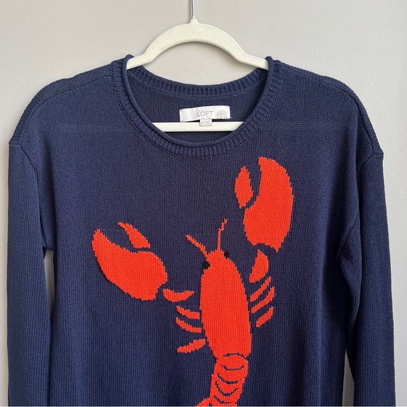 Loft Lobster Sweater Women's Medium Navy Blue Red Knit Preppy Nautical Coastal - Picture 6 of 12